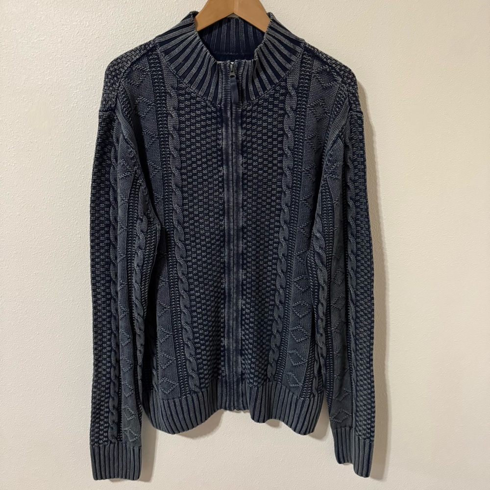 Carbon2Cobalt Stavanger Linen Cotton Cable Knit Zipper Cardigan Mineral Navy-L